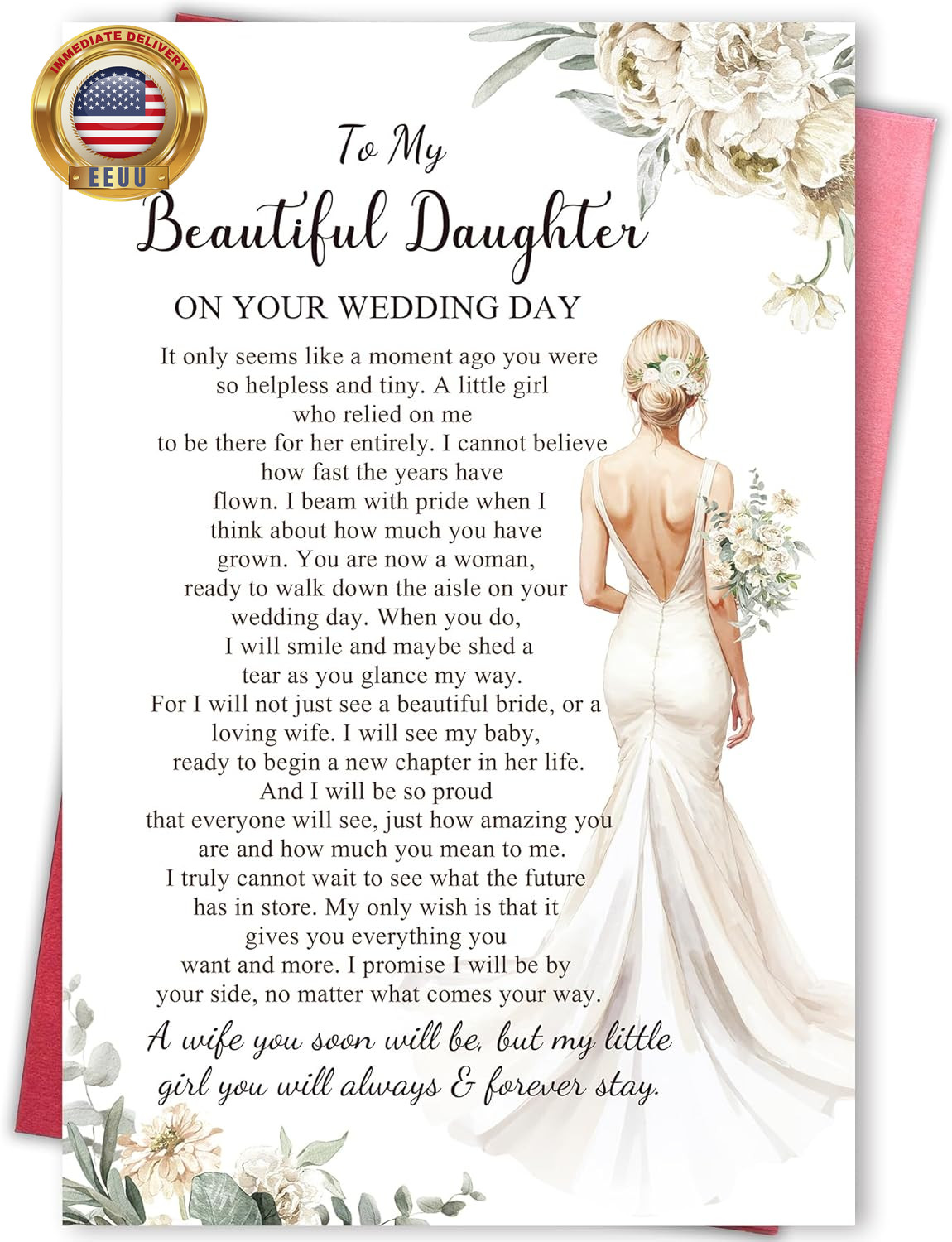 Sentimental Wedding Day Card for Daughter, Heartfelt Wedding Gift from Mom, Dad,