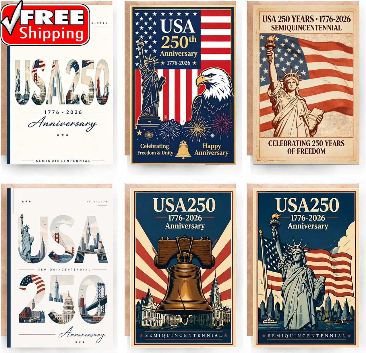 6 PCS 250Th Anniversary Greeting Cards 4Th of July Greeting Cards 250 Anniversar