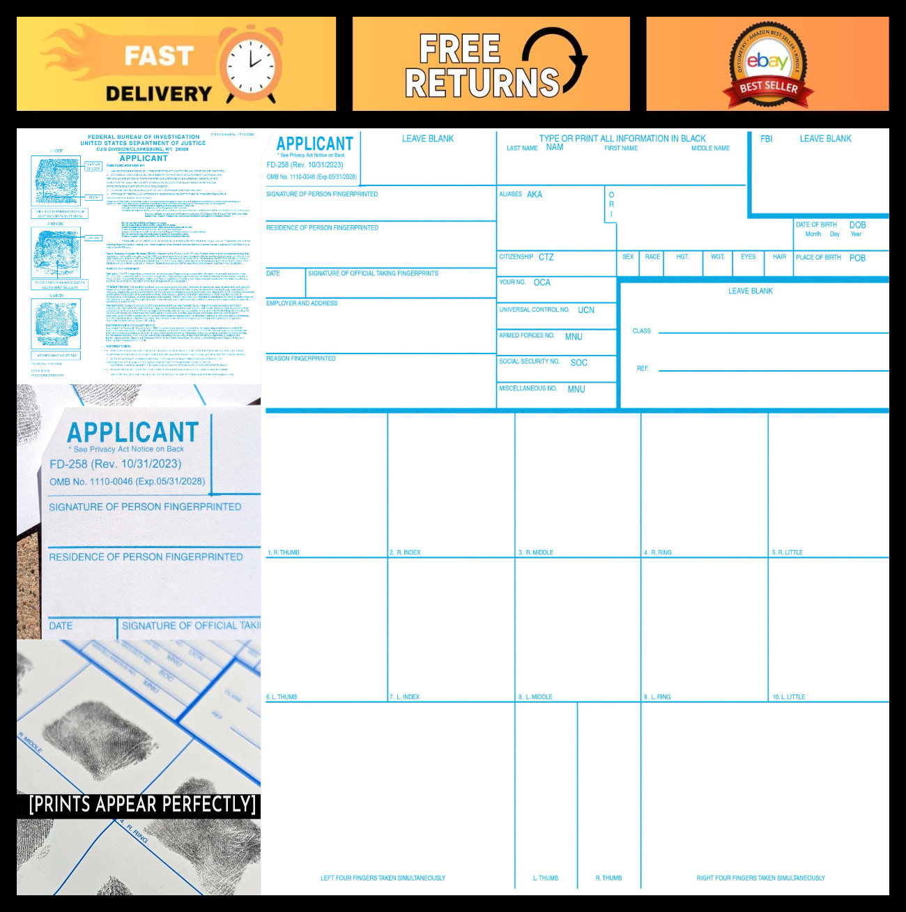Fingerprint Cards for Crime Scene Investigation, FD-258 – 50 Pack, Applicant Use