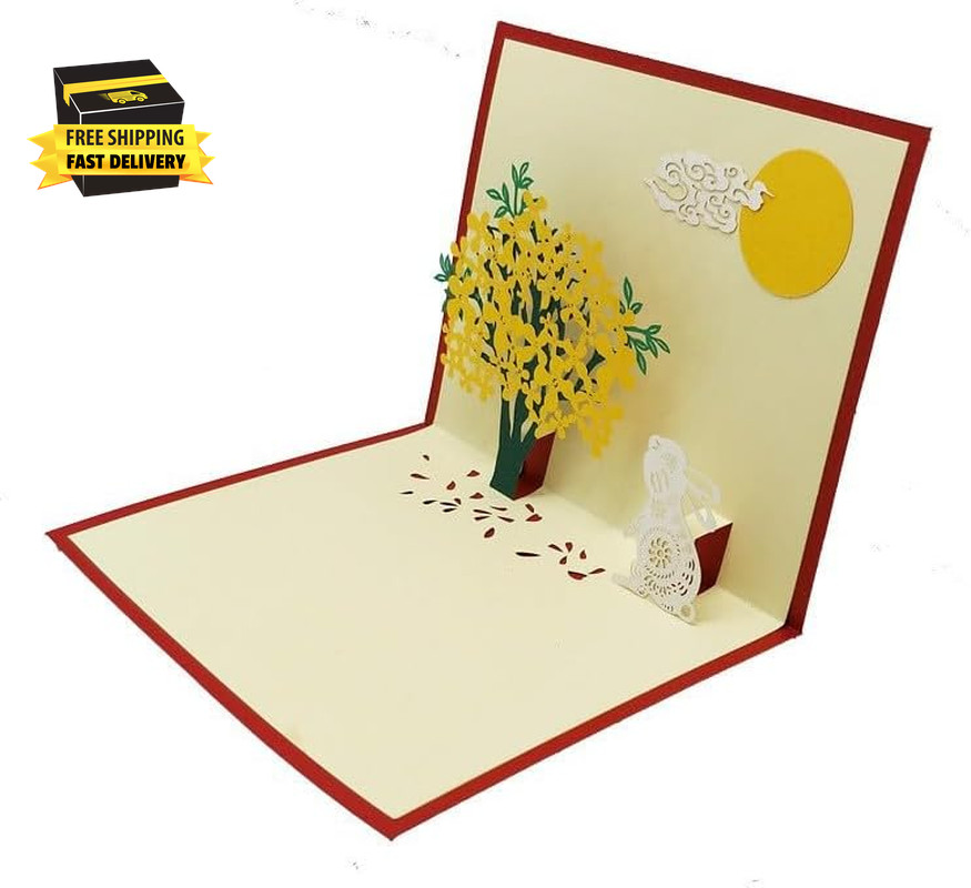 1Pc 3D Rabbit Flower Pop up Cards with Envelope Mid, Autumn Festival Invitation