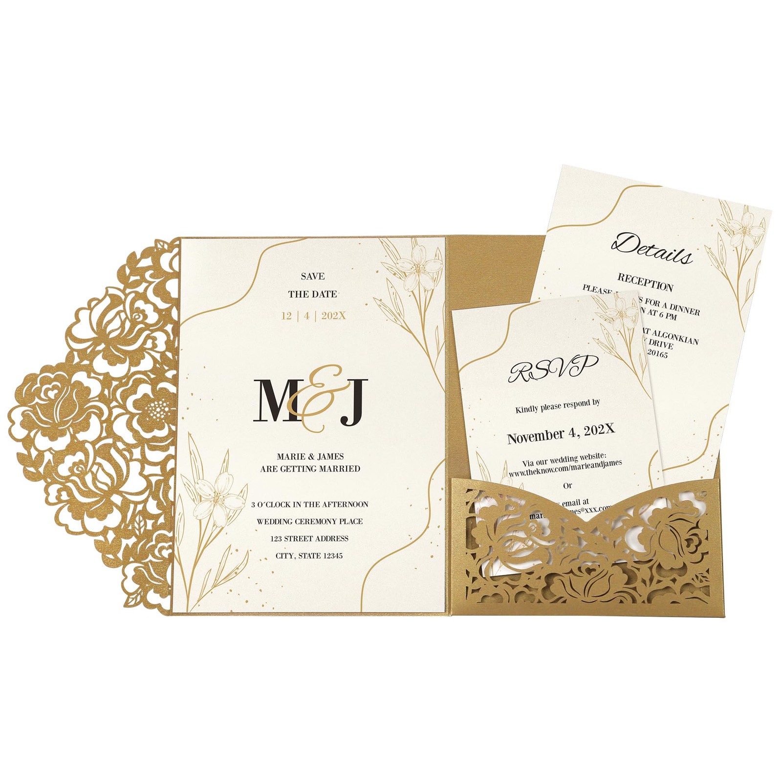 50 PCS Laser Cut Wedding Invitation Pockets Envelopes Gold 5×7 Inch Cards