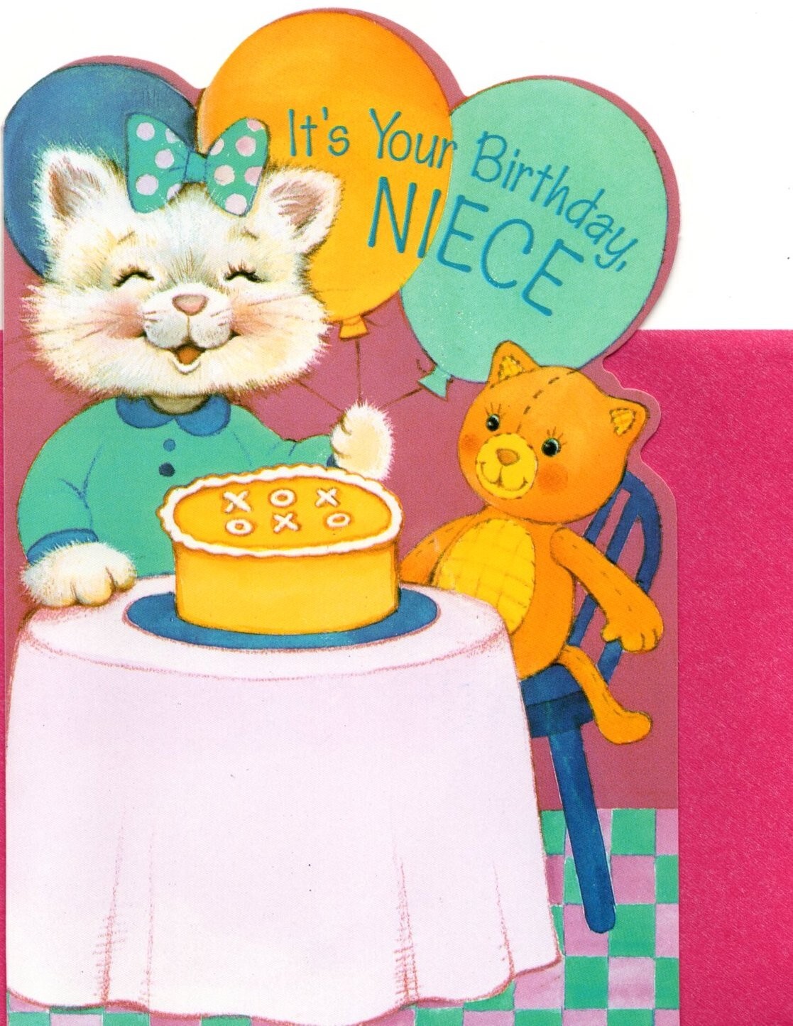 Happy Birthday Niece Kitten Kitty Cat Tea Party Cake Balloons Greeting Card
