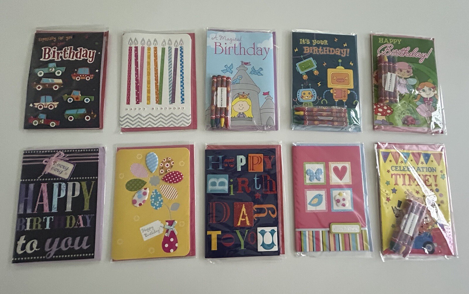 10 Greeting Cards Happy Birthday with envelopes Crayons In Some Cards New