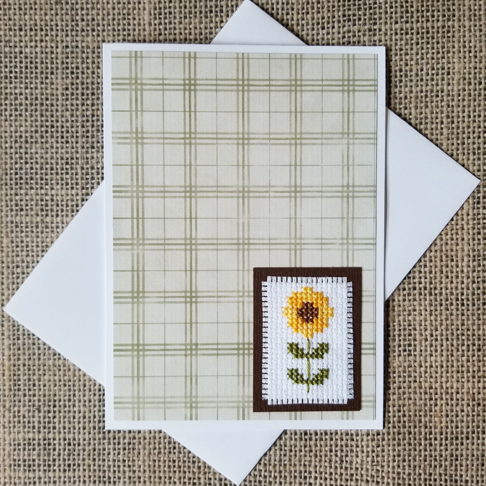 Finished Completed Cross Stitch Sunflower Blank Note Greeting Card