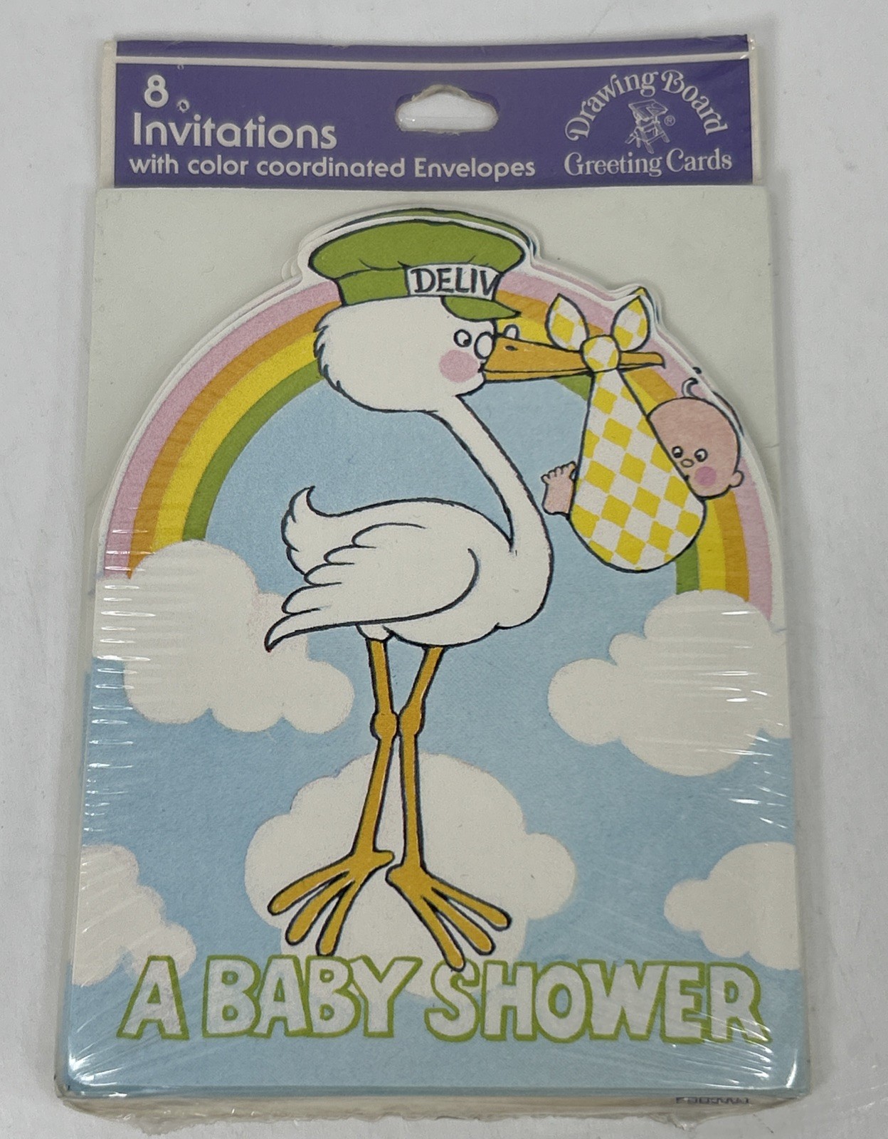 80s Vintage Baby Shower Invitations Pastel Rainbow and Stork Cute Sealed 8 Pack