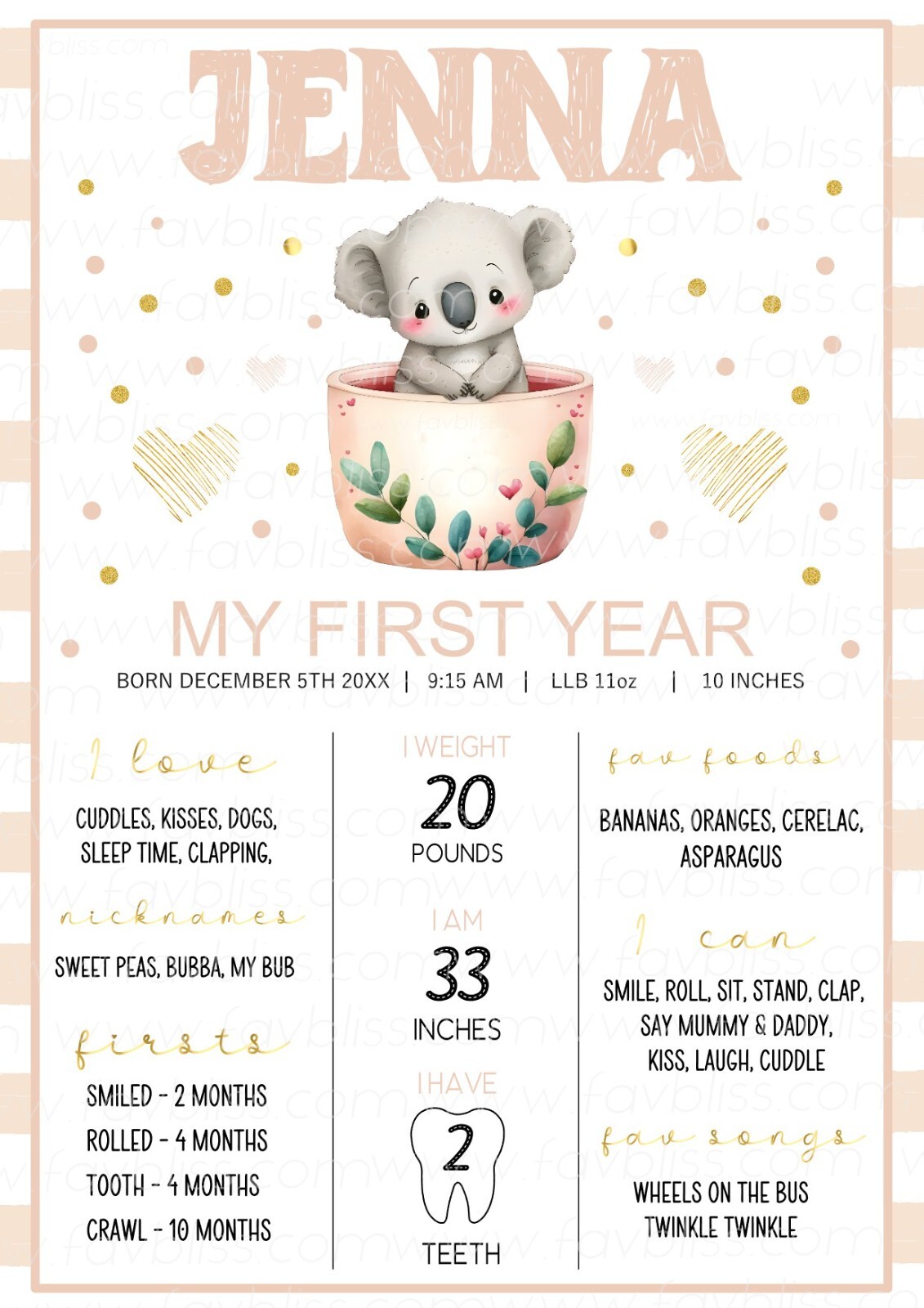 1pc Printed – Koala Personalised Milestones 1 age A4
