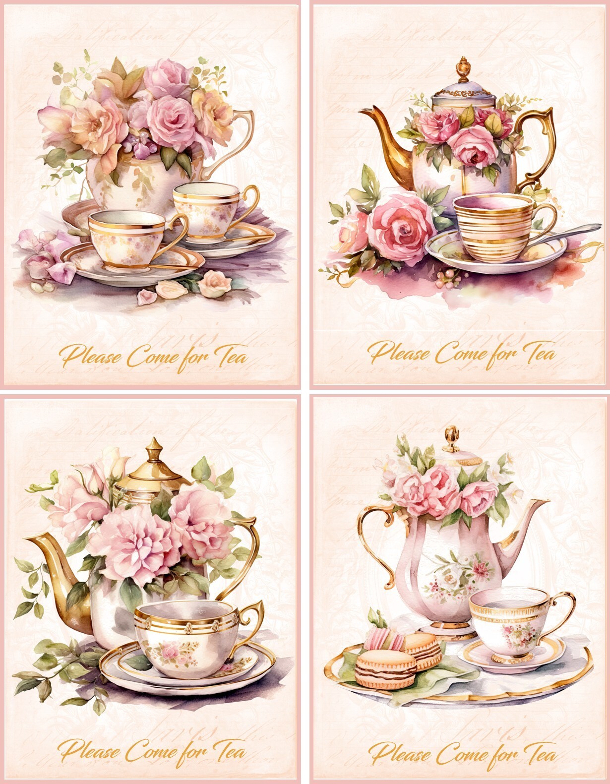 8 TEA PARTY INVITATION TEA CUPS PINK VINTAGE FOLD OUT GLOSSY CARDS ENVELOPES