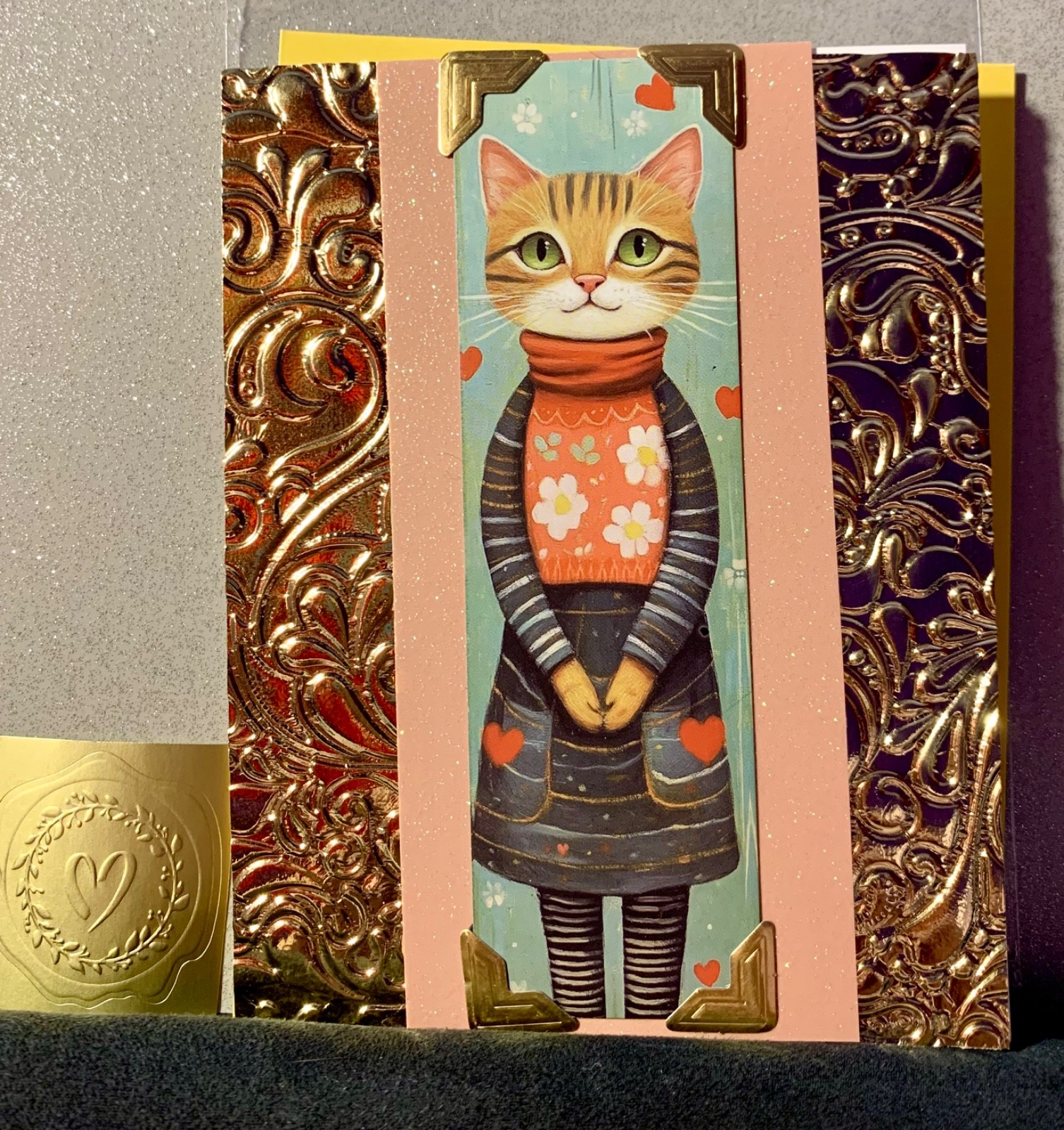 Happy Birthday Thank You Friendship Card! Handmade! Cat Bookmark! Orange Ascot
