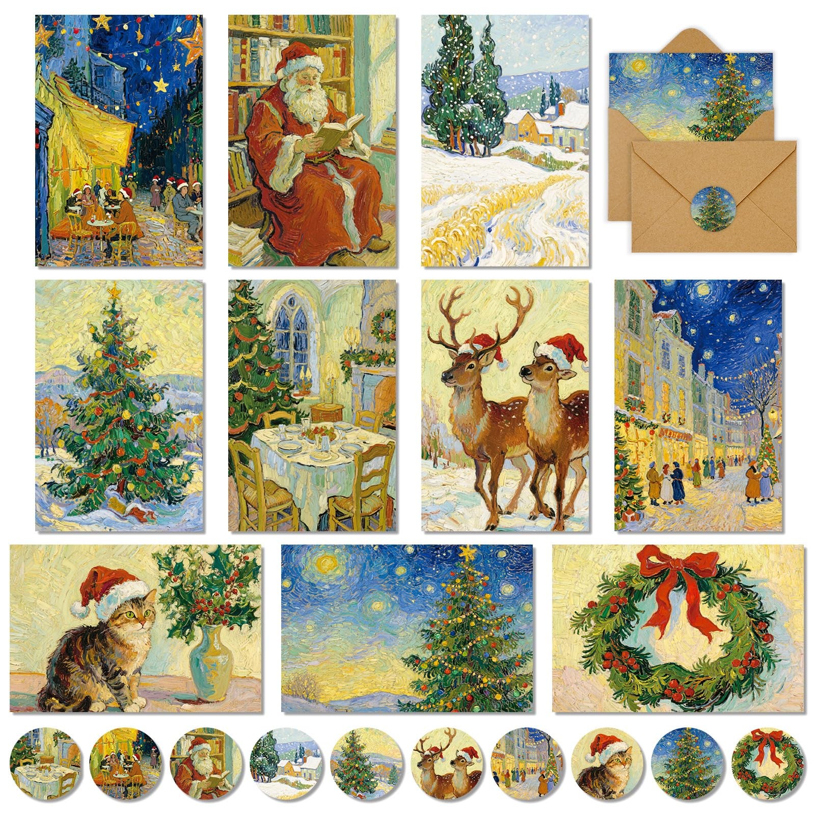 Whaline 50 Pack Christmas Cards Vincent Van Gogh 4 x 6 inch, Multicolor
