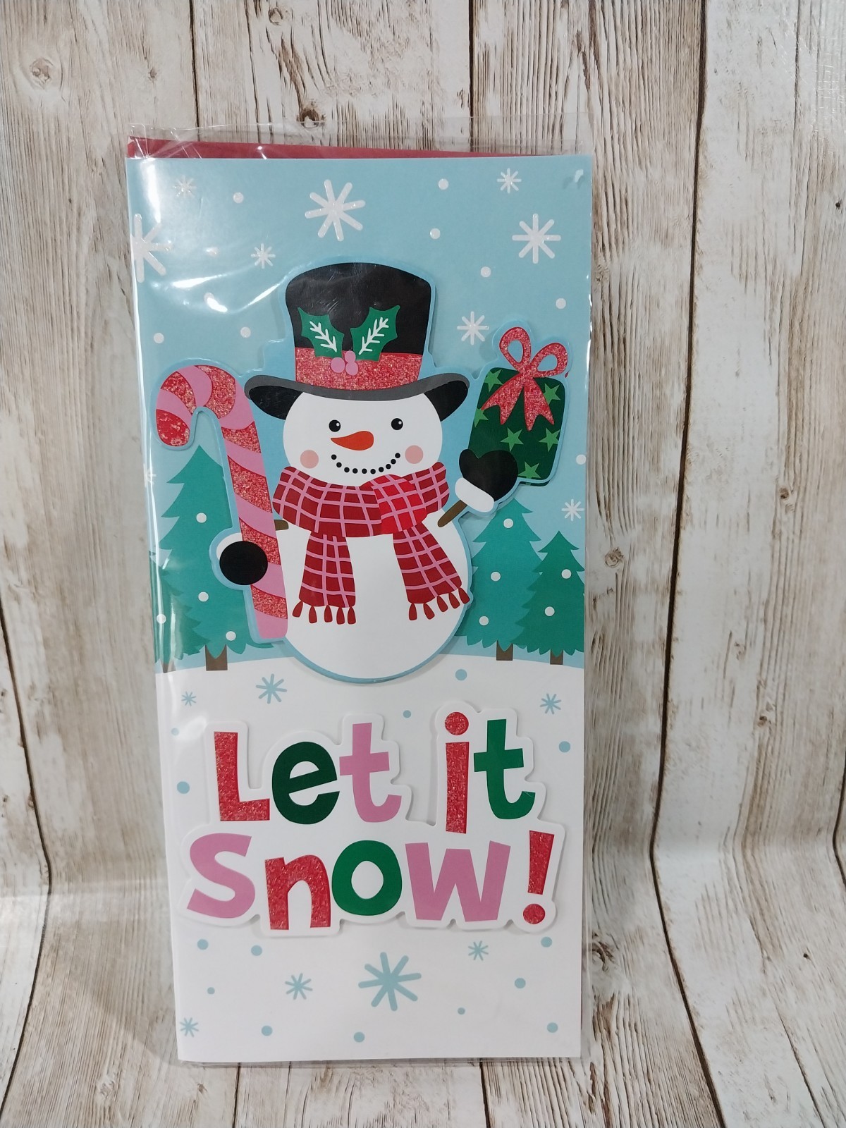 New! “Let It Snow” Snowman Frosty Greeting Card & Envelope Christmas Candy Cane