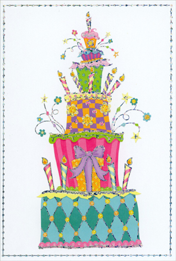 Pictura Stacked Cake Present and Cupcakes Patterned Icing Birthday Card