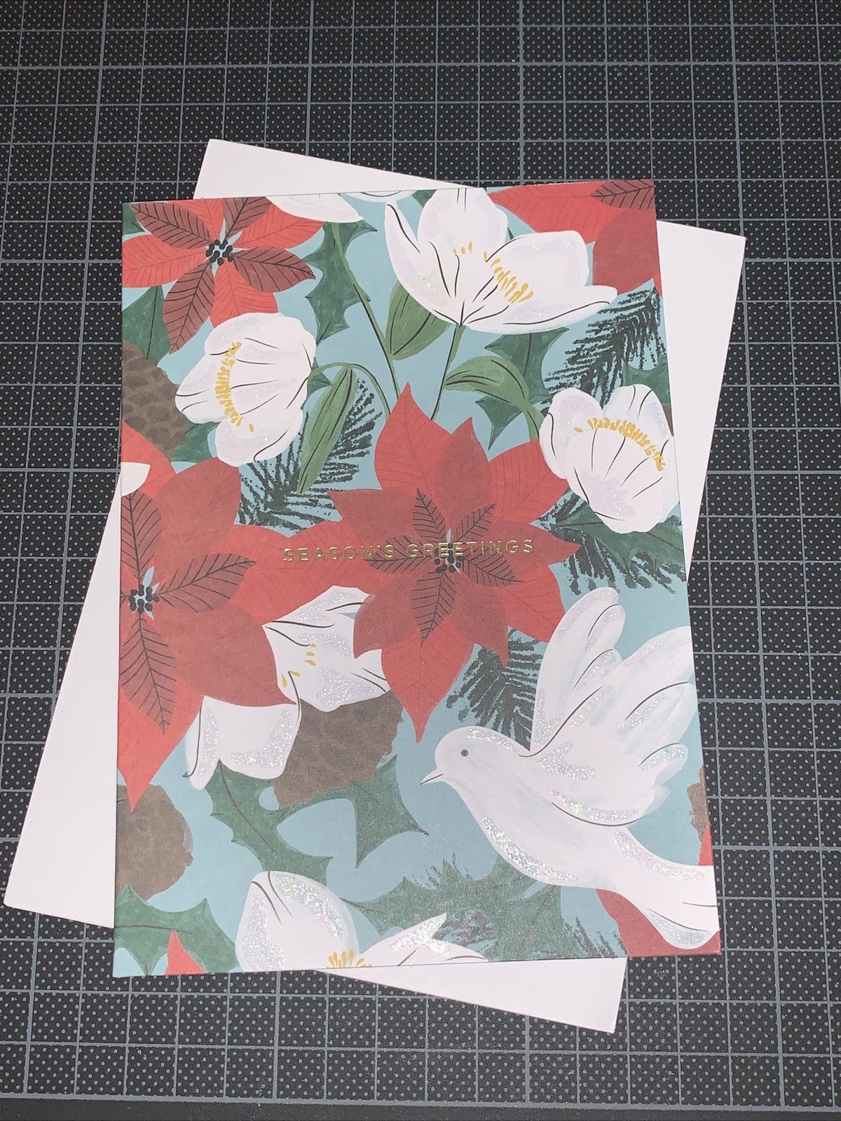 Graphique Christmas Card: Season’s Greetings Poinsettias White Dove Heart Joy