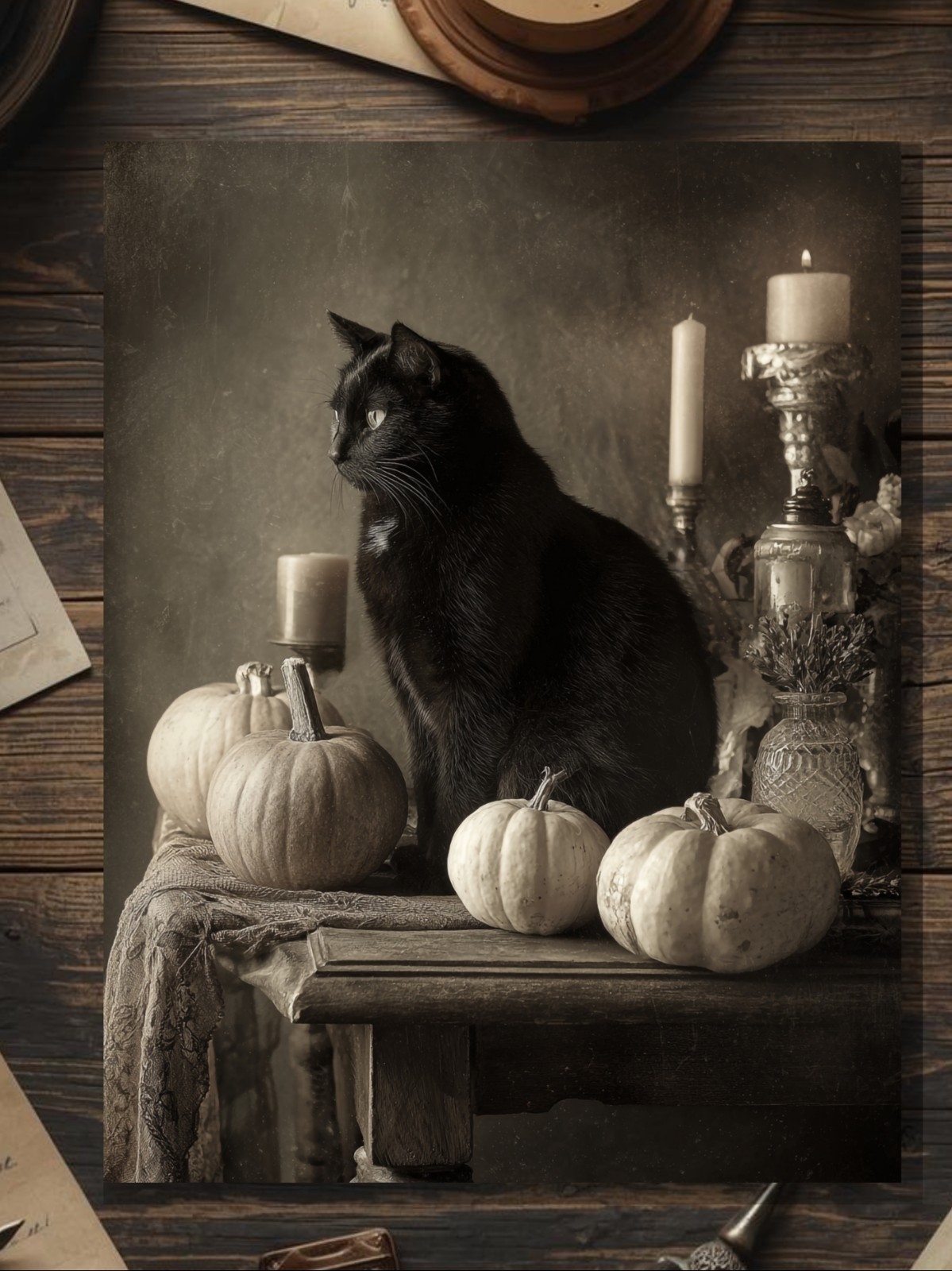 Vintage Victorian Black Cat With Pumpkins And Candles Halloween Card Gothic