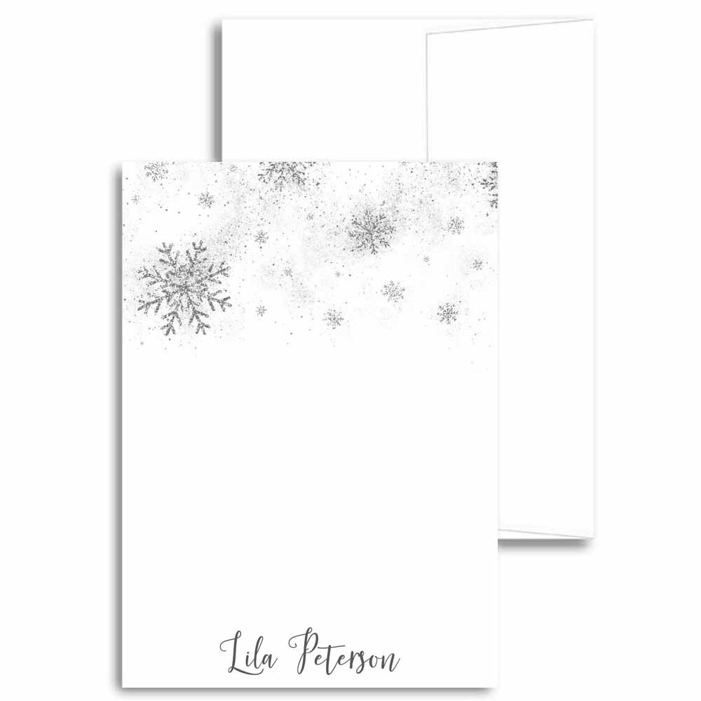 Personalized Silver Winter Snowflakes Flat Note Cards with Name (SETS OF 20)