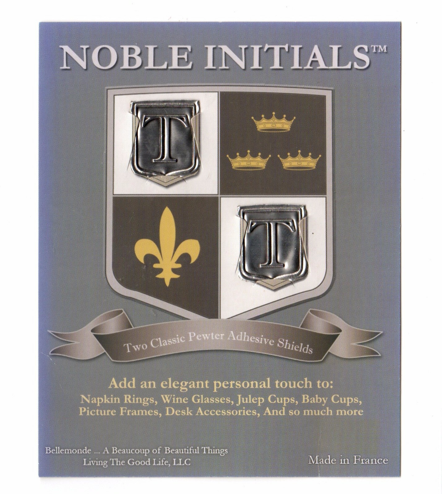 2 Pewter Adhesive Shields Letter T Initial, Monogrammed Embellishments France
