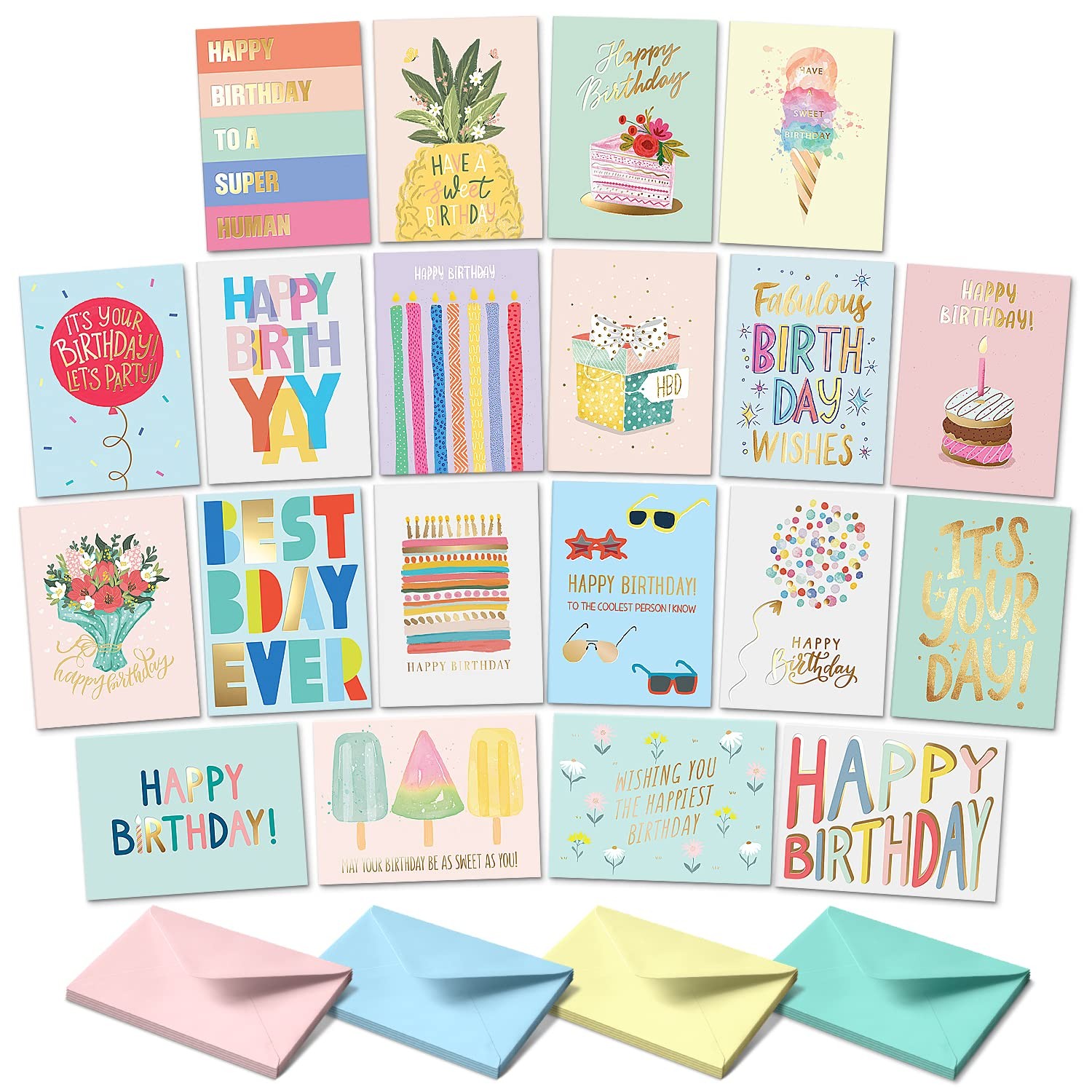 Sweetzer & Orange Happy Birthday Cards with 5.75 X 4.25 Inches, Pastel