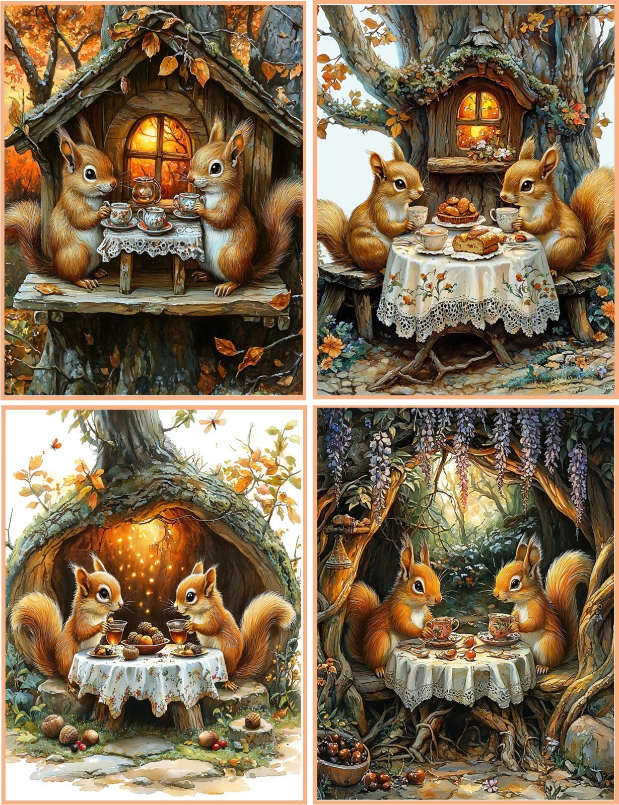 8 Squirrel Fantasy Tea Party Tree House glossy blank fold out Note Card Set 2