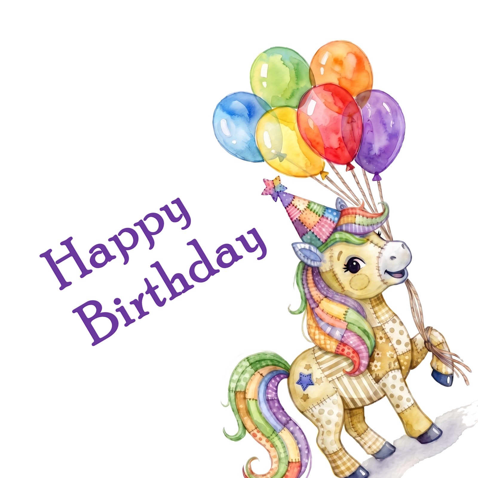 Whimsical Birthday Card, Yellow Patchwork Pony with Balloons, 5.25″ x 5.25″