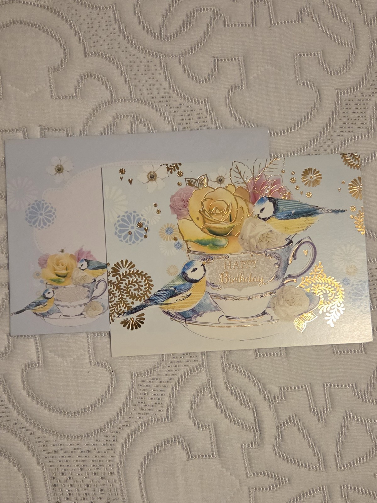 New Beginnings Birthday Card Tea Cup Bird Floral Beautiful Happiness W/ Envelope