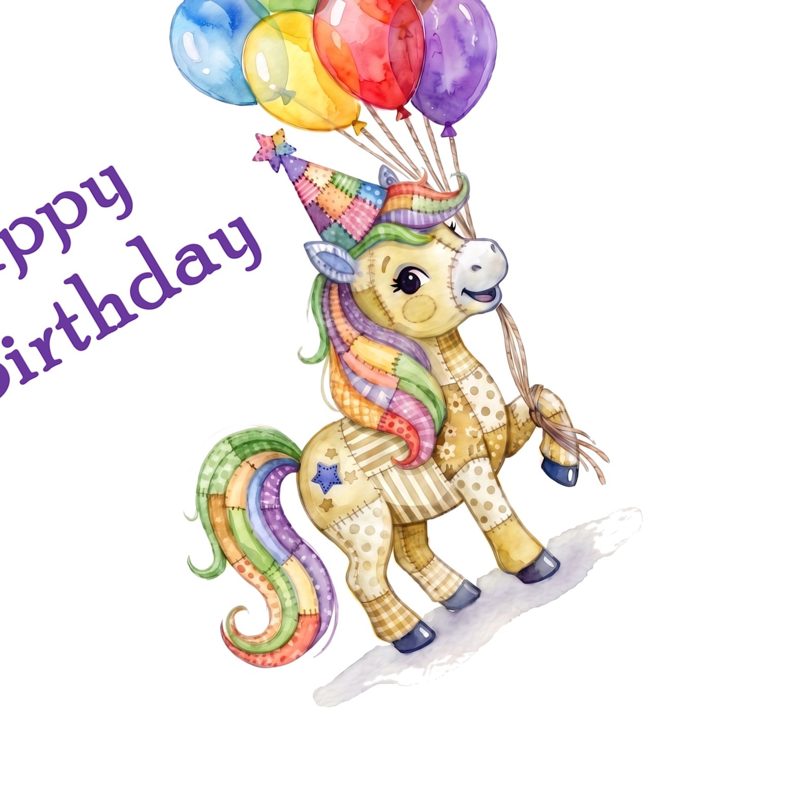 Whimsical Birthday Card, Yellow Patchwork Pony with Balloons, 5.25″ x 5.25″