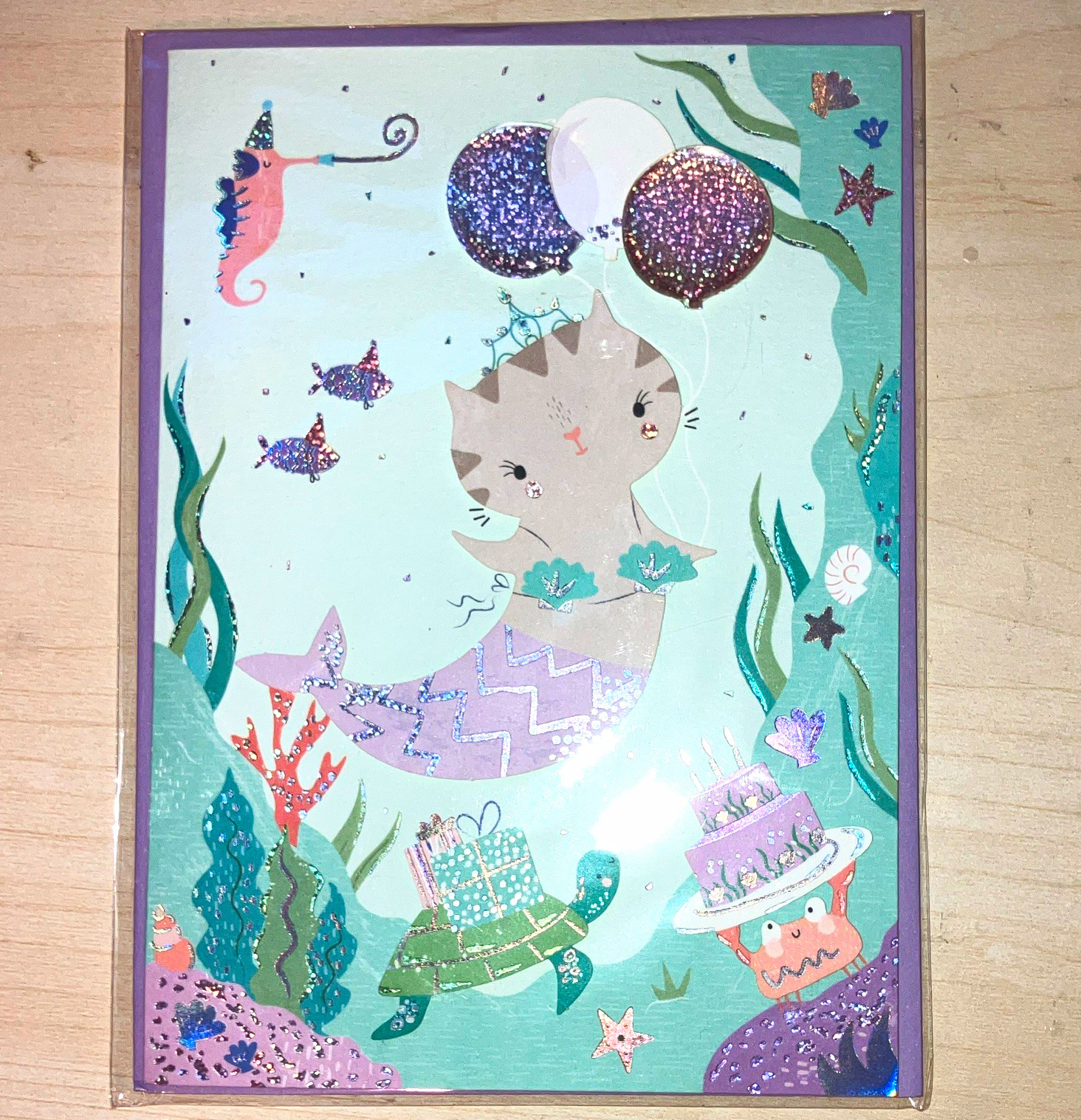 Papyrus Birthday Greeting Card, Folded Multicolor Cat Mermaid, Envelope