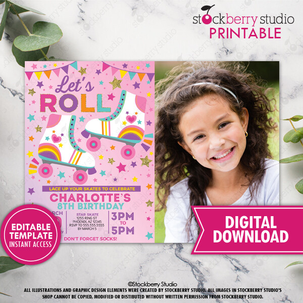Rainbow Skate Birthday Party Photo Invitation Printed Girl Roller Skating Invite