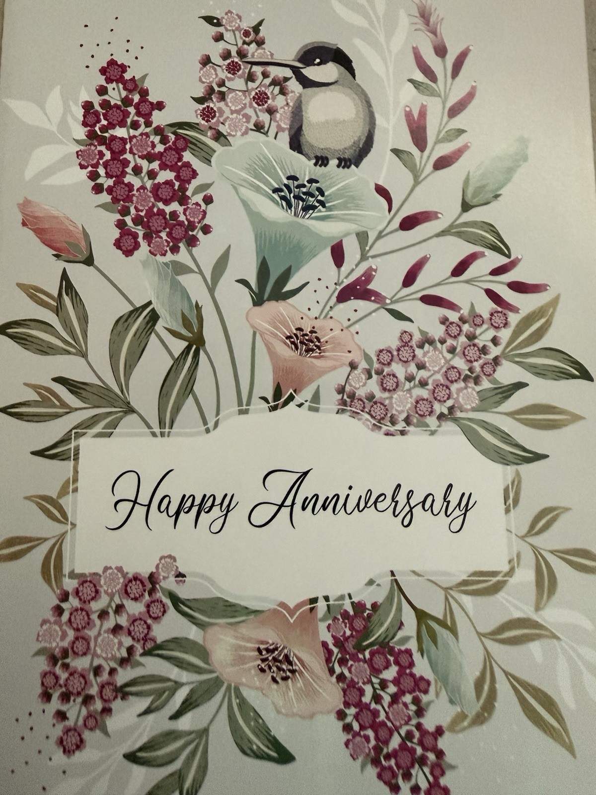 “Happy Anniversary” – bird in flower arrangement – 4.75″ X 6.75″