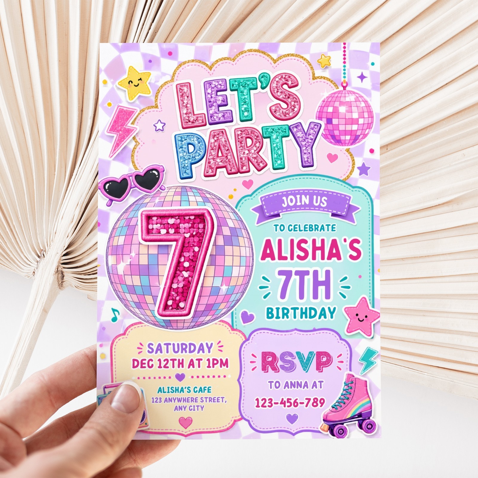 Retro Disco Roller Skate 7th Birthday Invitation Editable Canva Template
