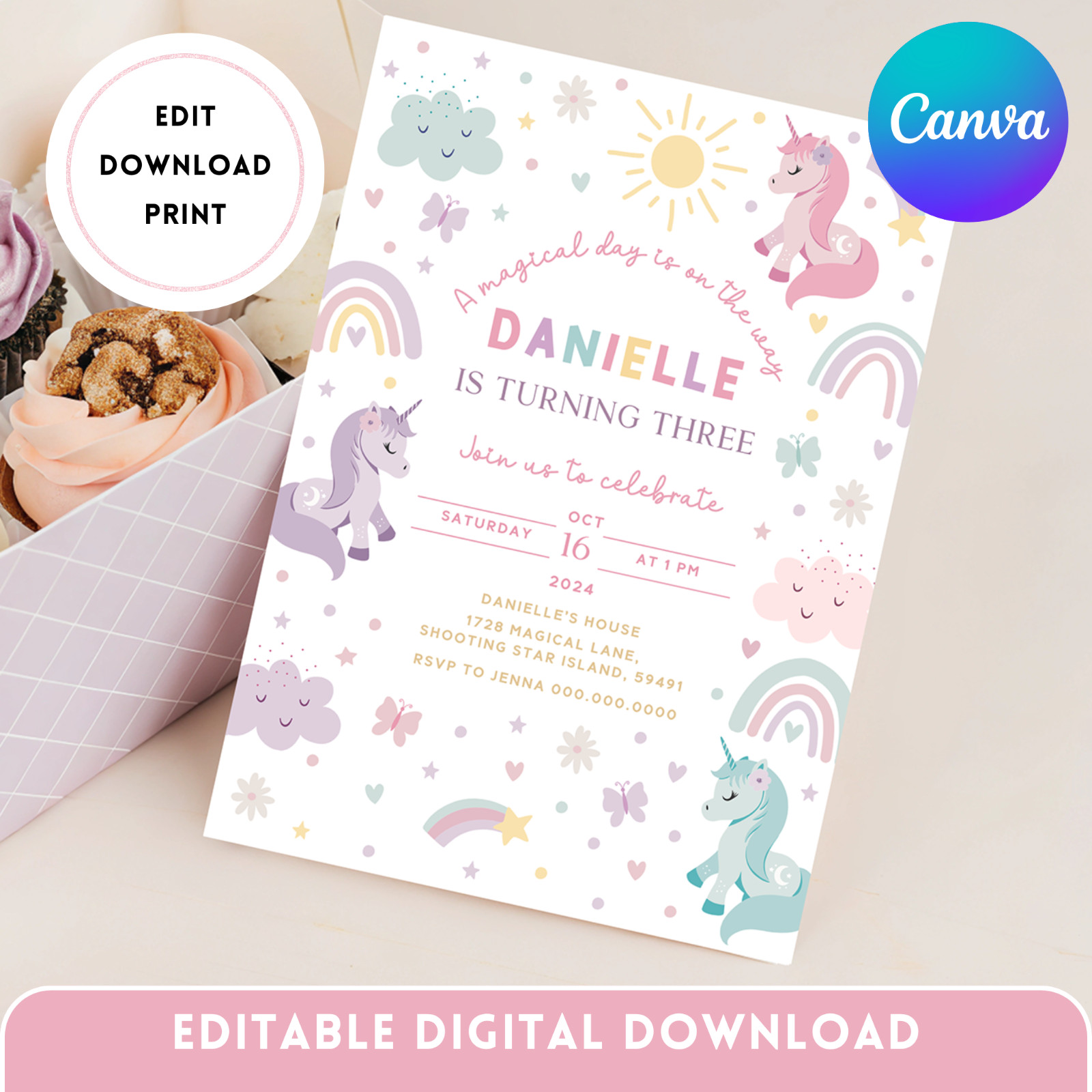 Unicorn 3rd Birthday Invitation Girl Pastel Magical Custom Party Invite Digital