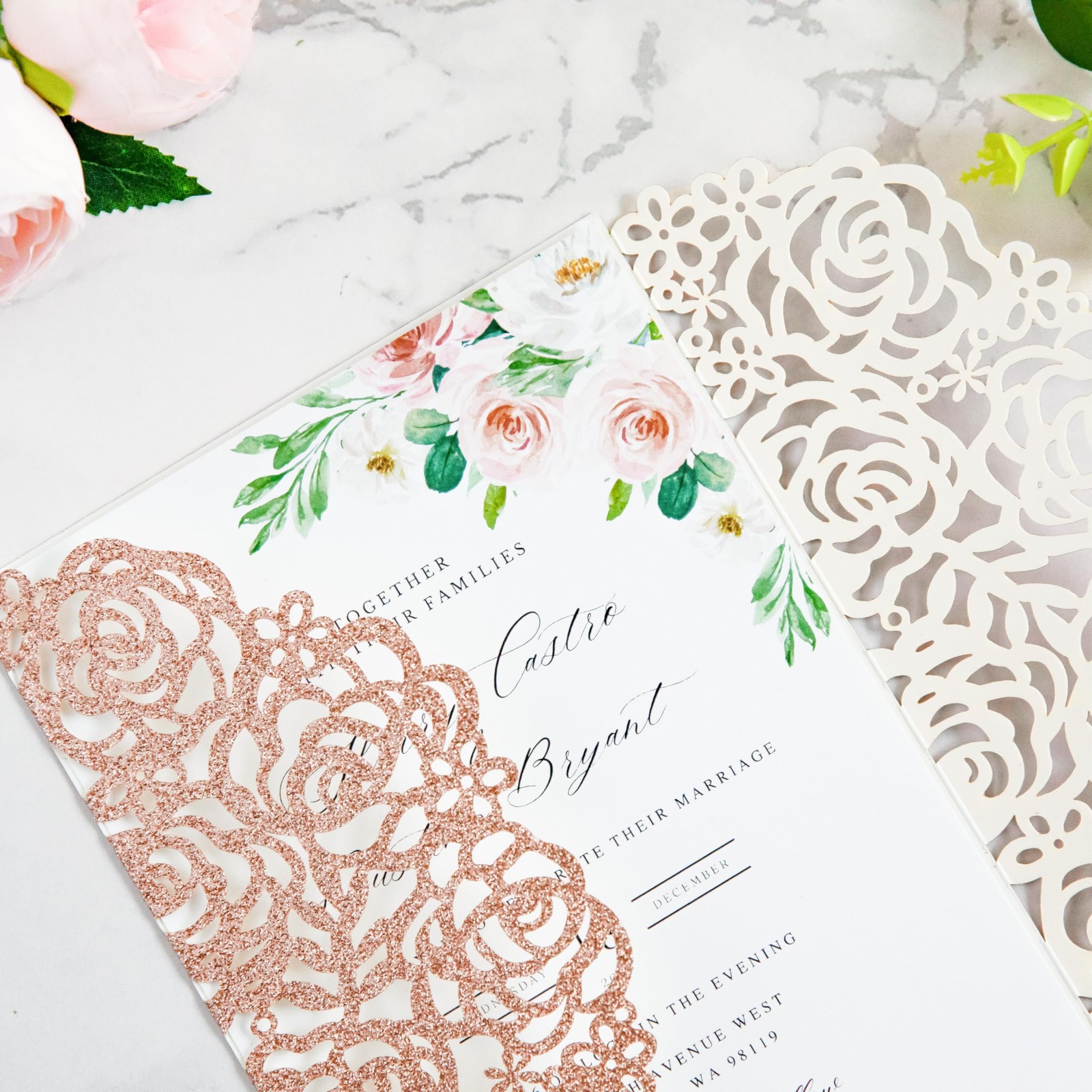 25 PCS 5.12×7.1 Inch Rose Gold Glitter Wedding Invitations Cards Envelopes