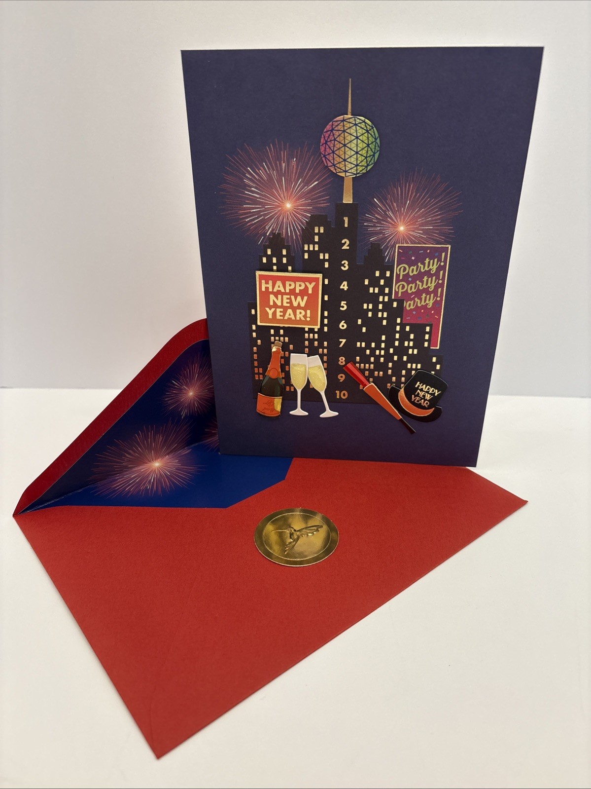 Papyrus Happy New Year Card Times Square Ball Drop 3D Champagne Fireworks New