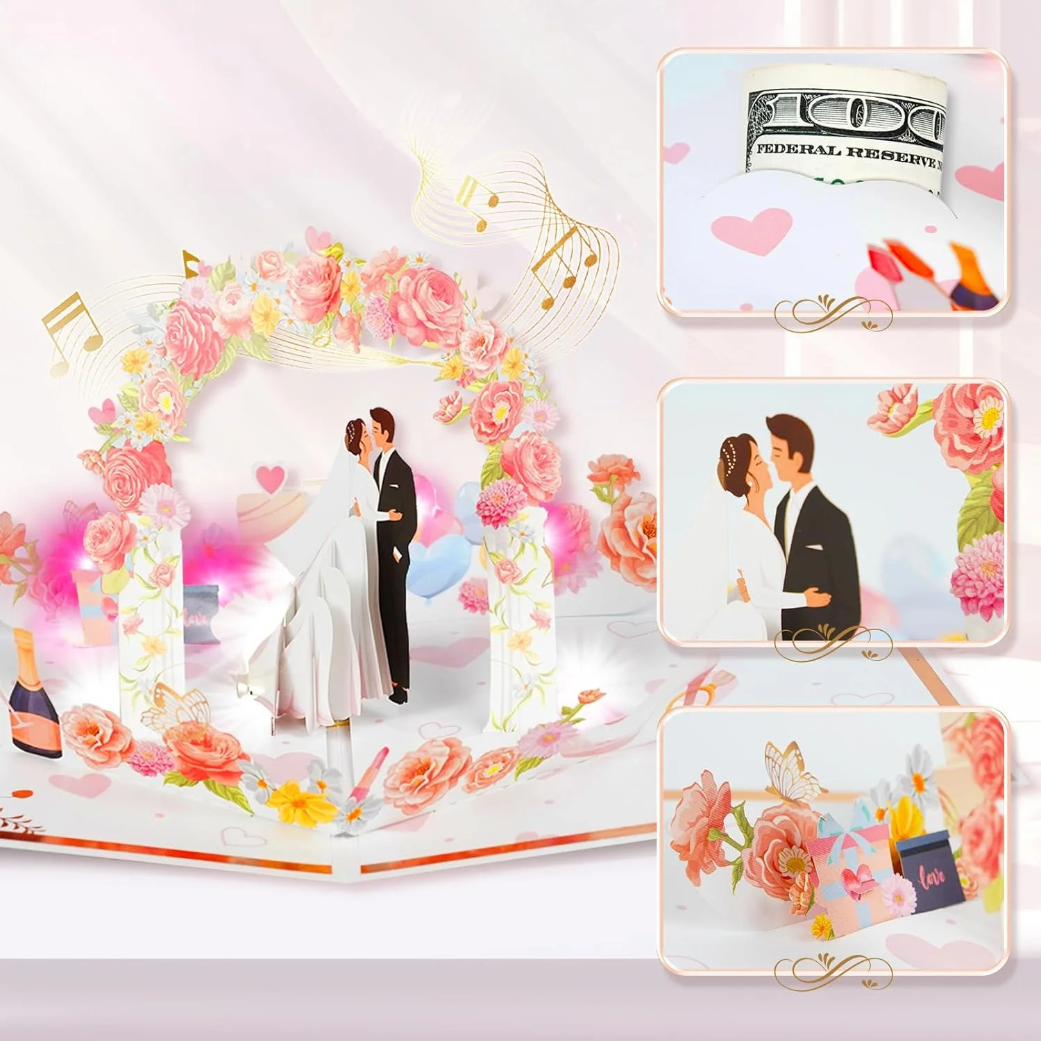 3D Pop Up Wedding Card with Music and Lights, Romantic Card for Bride and Groom