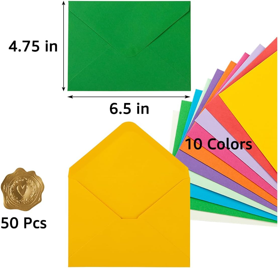 50 Pack A6 Envelopes with Stickers Multicolor, 6 1/2 X 4 3/4 Inches | 4X6 Envelo
