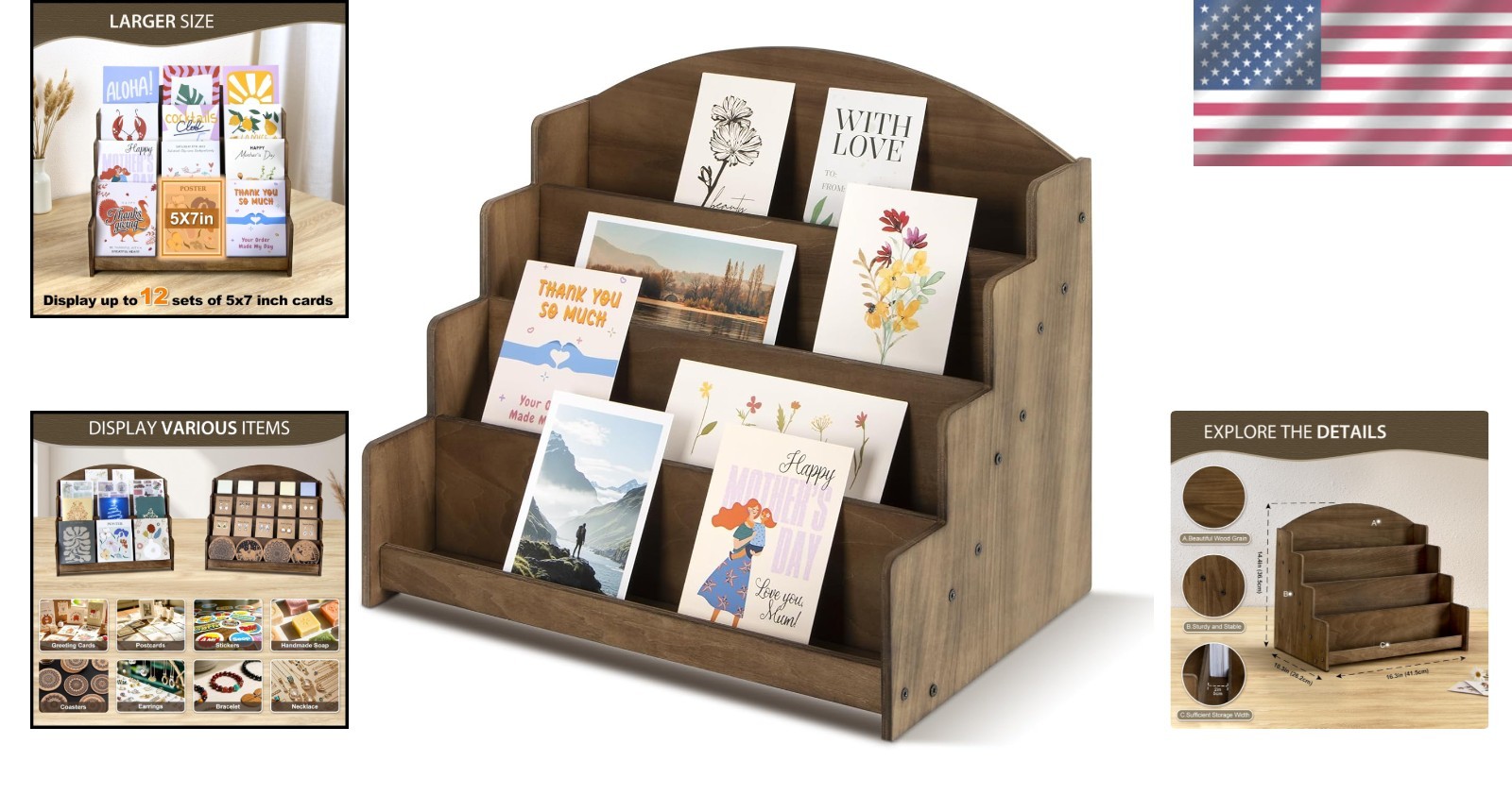High-Quality Wooden Greeting Card Organizer – 4 Spacious Tiers for 5×7 Cards