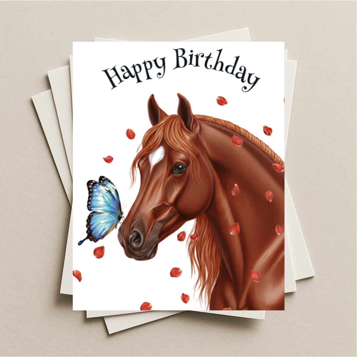 Birthday Chestnut horse blank greeting card, note or gift card Morpho butterfly