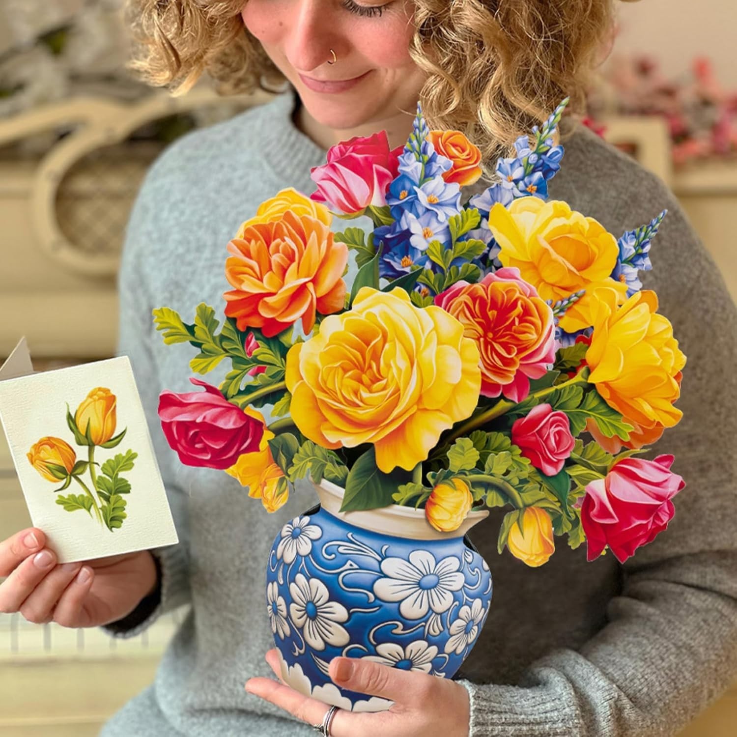 3D Pop Up Card Sorbet Roses 12 Inch Floral Gift with Blank Notecard and Envelope