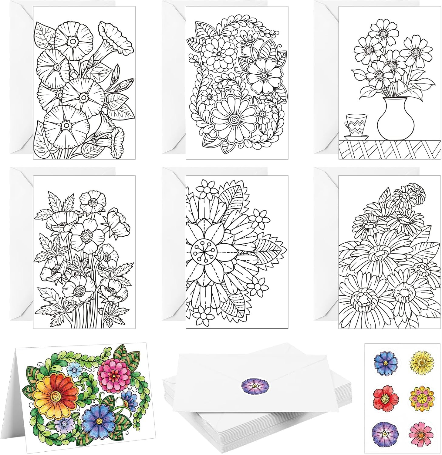 24 Pcs Flower Coloring Greeting Cards with Envelopes and Stickers Floral Color Y