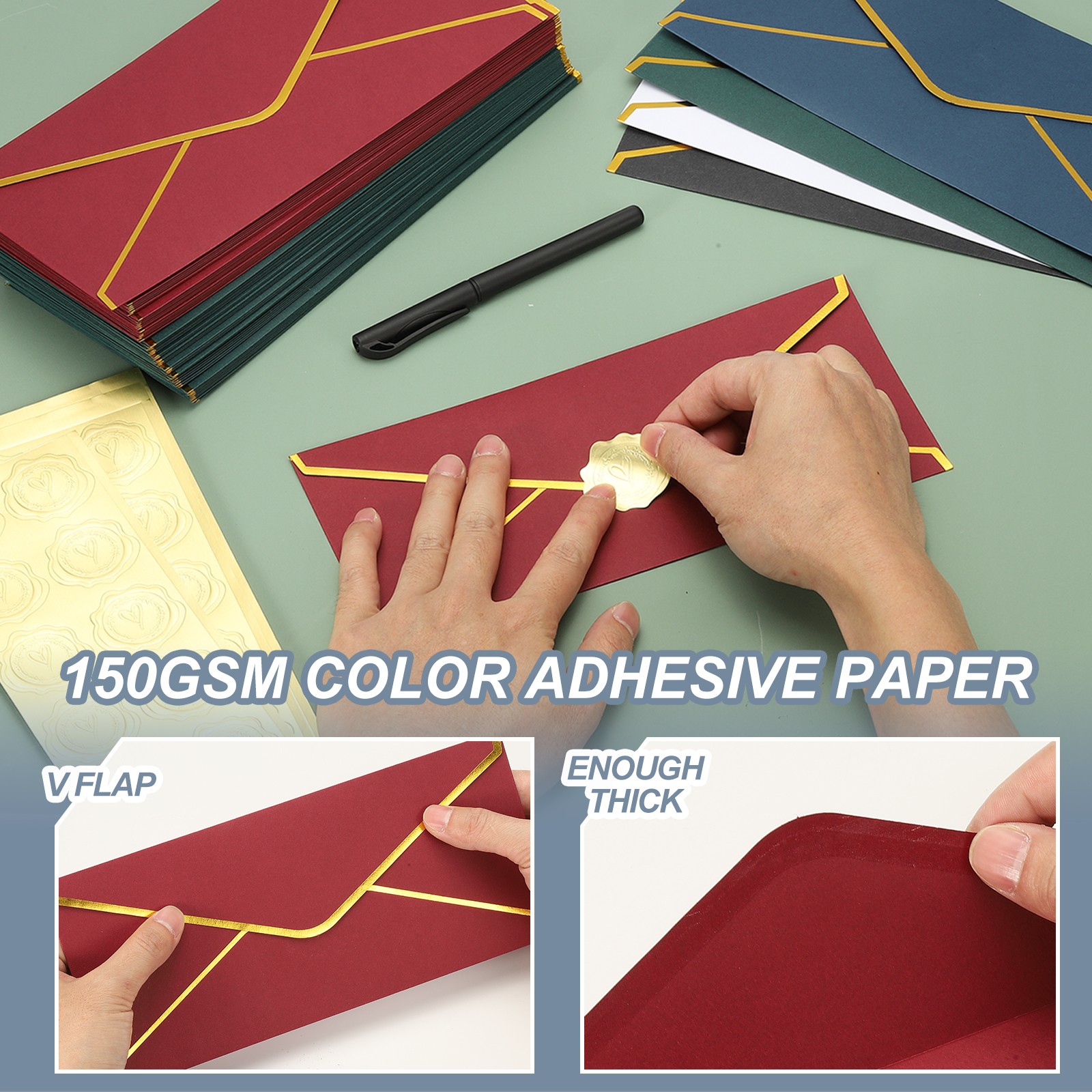 4 1/8 x 9 1/2 Inch Envelopes with Gold Border, 100 Pack V Flap, 2 Colors