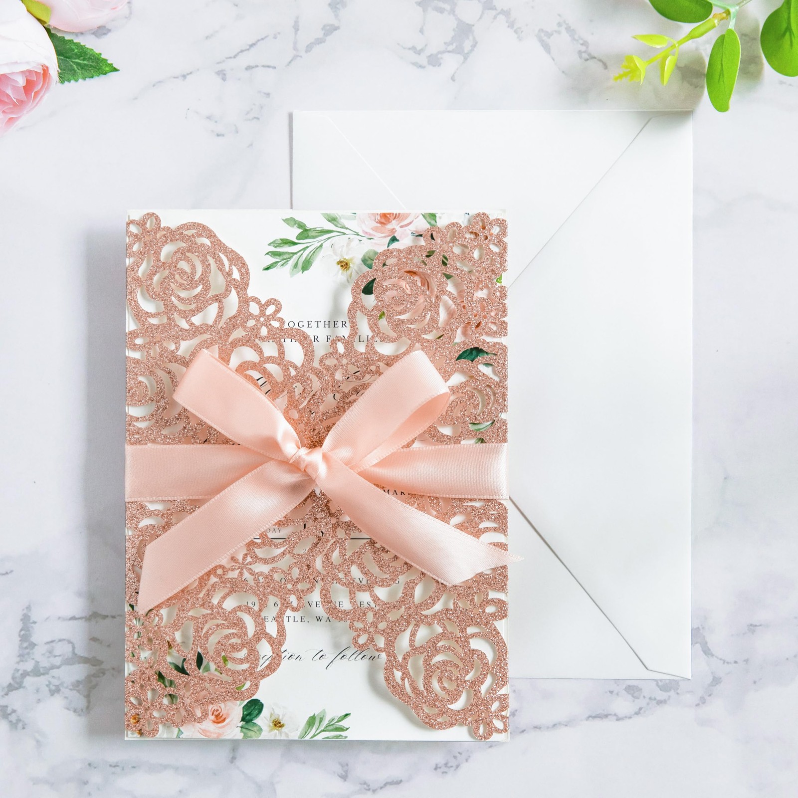 25 PCS 5.12×7.1 Inch Rose Gold Glitter Wedding Invitations Cards Envelopes