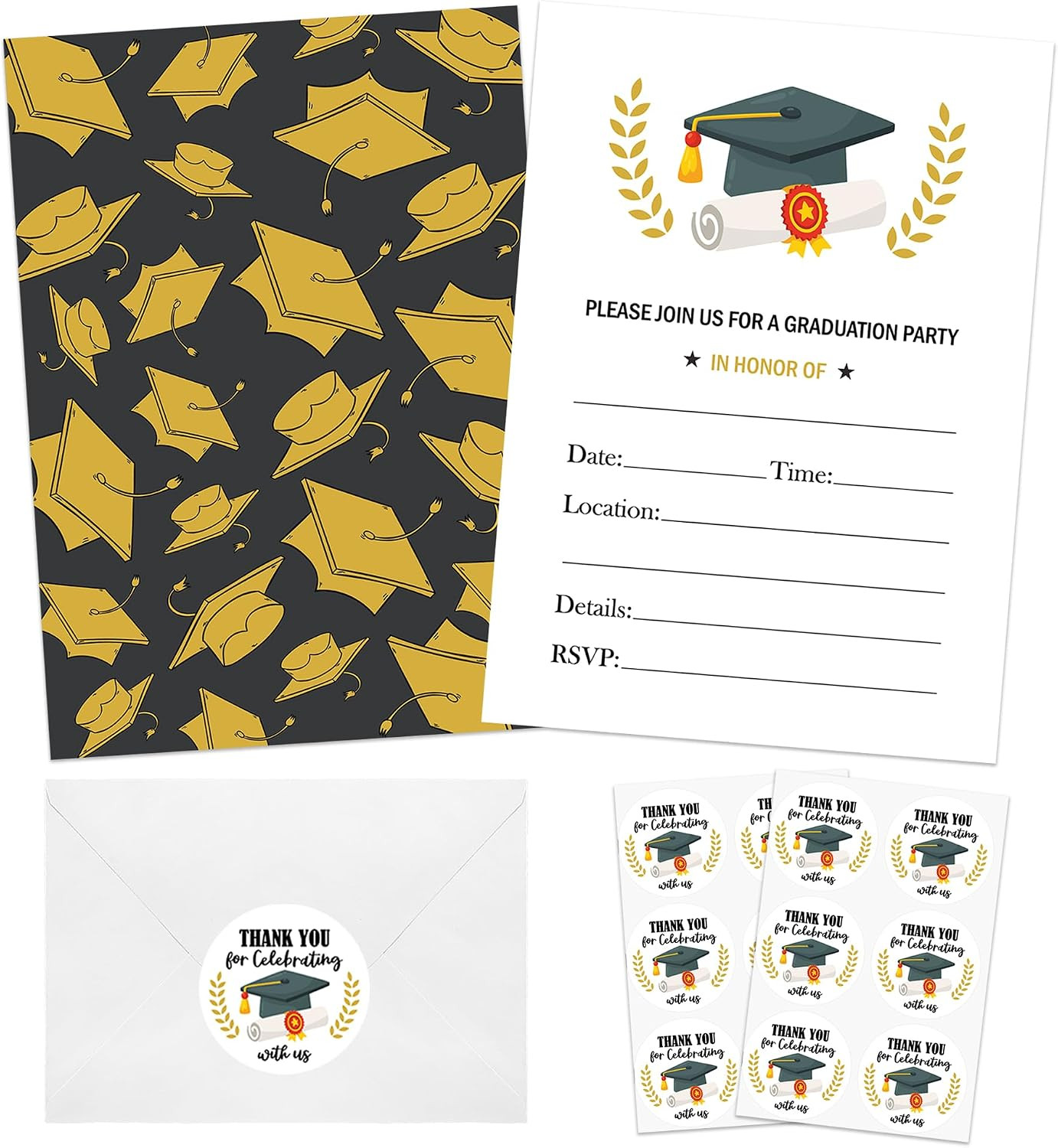 30 Pack Graduation Invitations Cards with Envelopes & Stickers, Graduation Hat