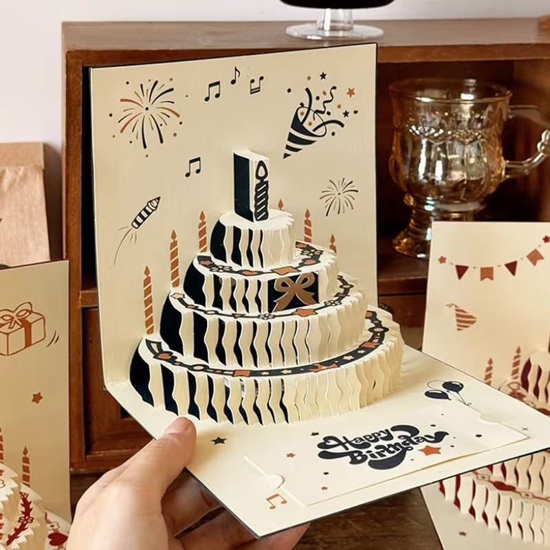 Blue 3D Pop Up Birthday Cake Cards Foldable Greeting Card for Kids Adults