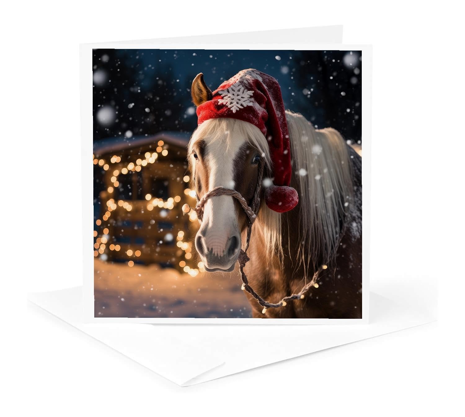3dRose Horse in Snowy Winter Scene Christmas Hat Greeting Card with Envelope