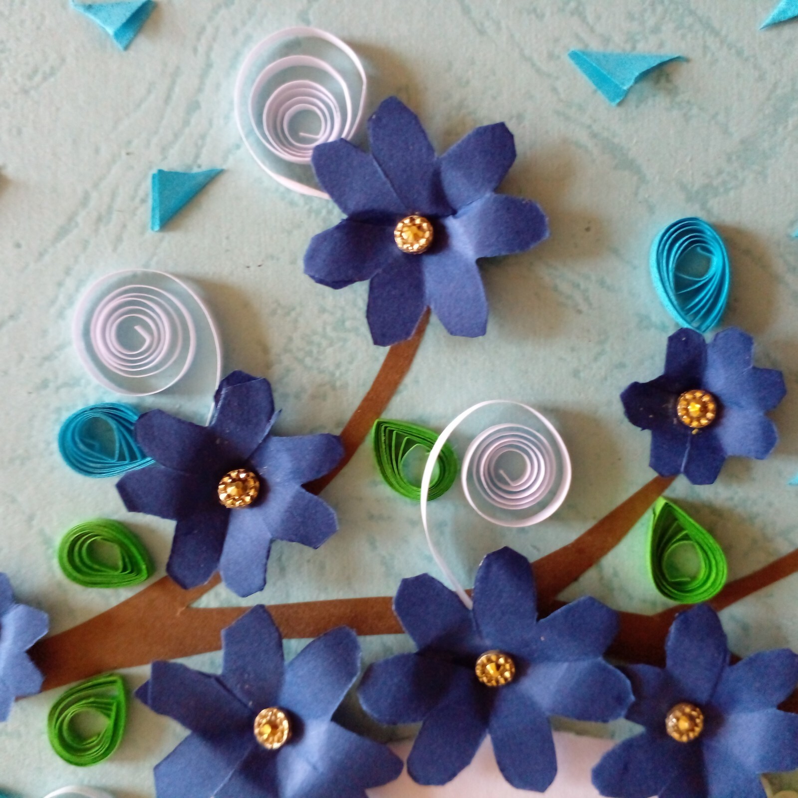 Sri Lanka B’day Card Handmade Paper Quilled Lovely Blue Flower With White Beads