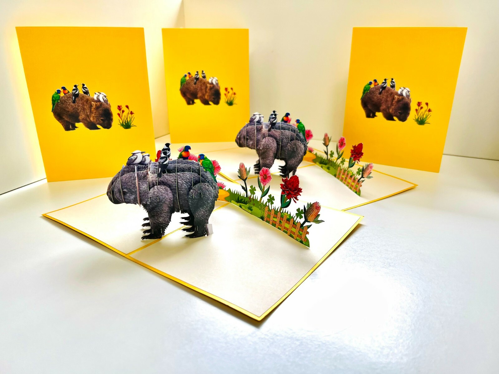 ORIGAMI POP CARDS Aussie Wombat Birds 3D Pop Up Greeting Card Merry Christmas