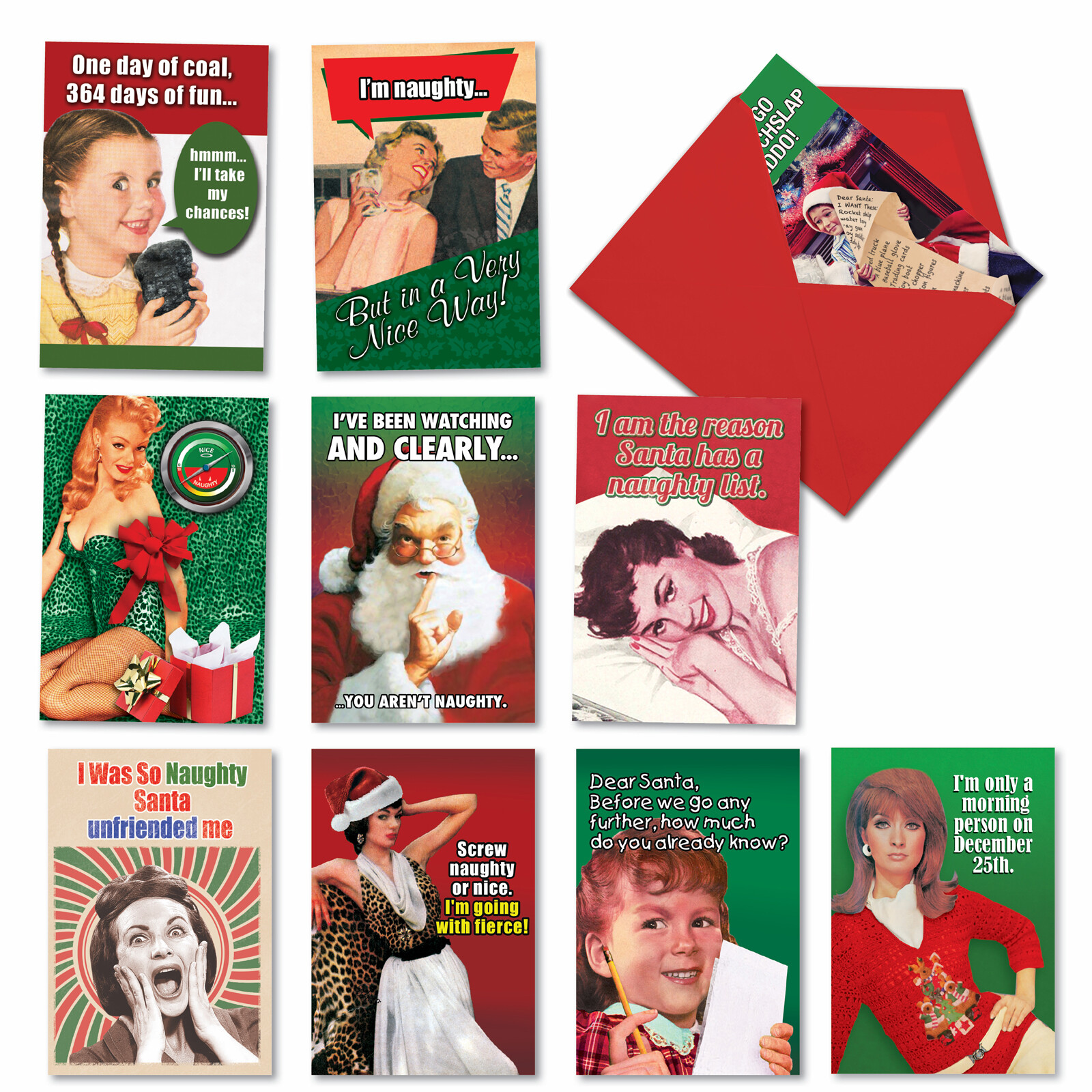 10 Assorted funny Xmas cards w/ 5×7″ Envelopes – In a Very Nice Way