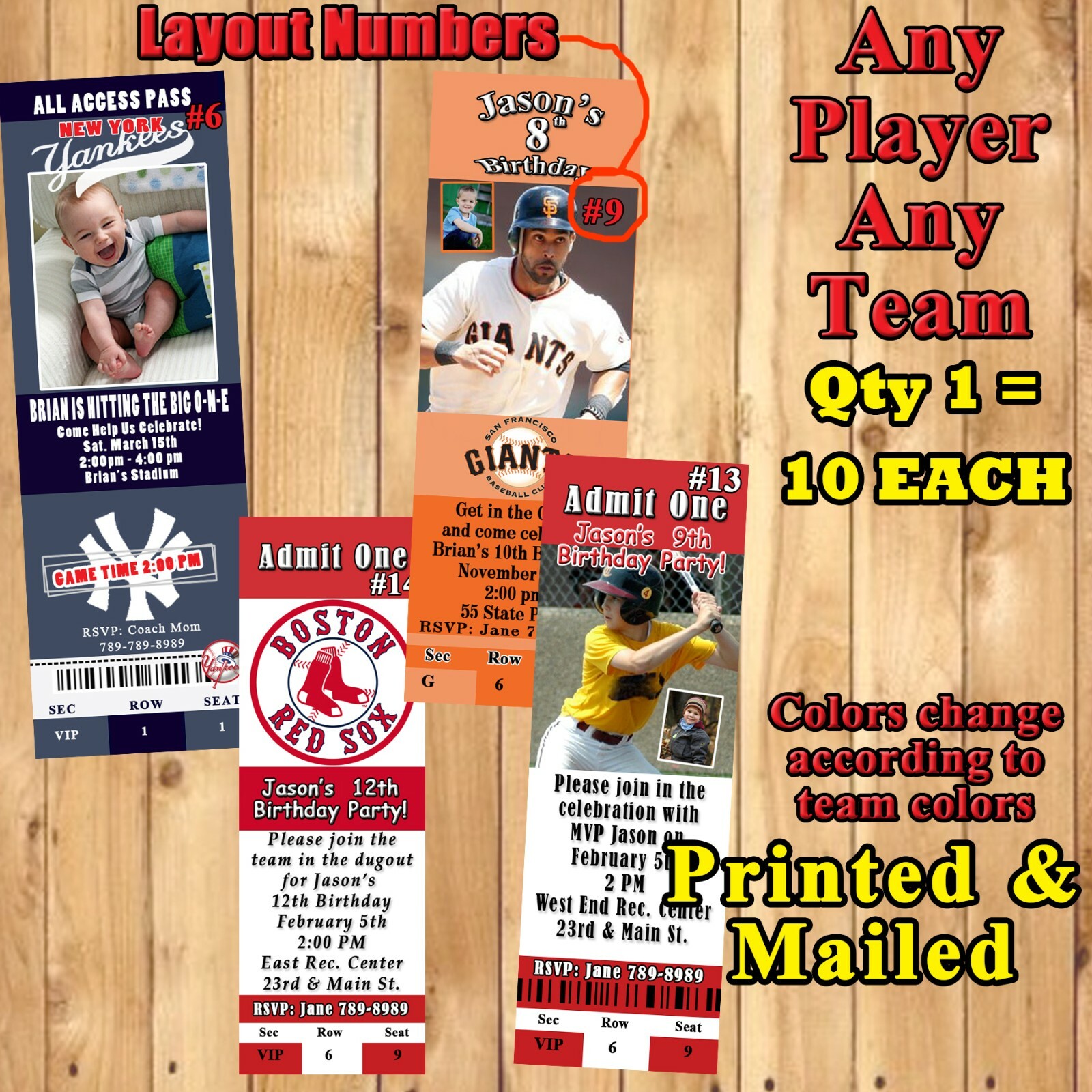 Baseball MLB Invitations 10 ea with Envelopes Personalized Any Team Any Player
