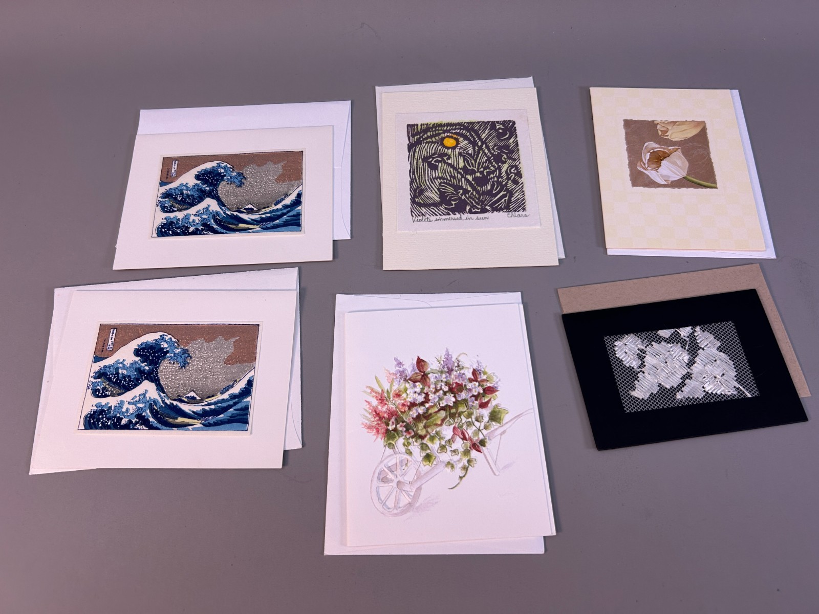Lot of 6 Miniature Art Cards Great Wave Textured Floral Embroidery Block Print