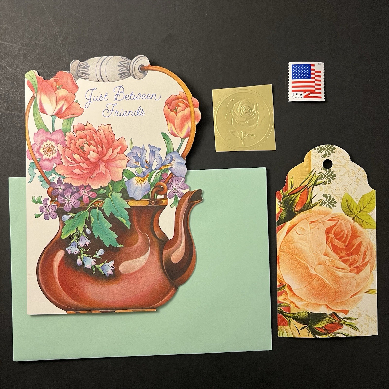 Hallmark Teapot Floral Arrangement BIRTHDAY Card w/Env/Gift Tag/Seal/Stamp BN