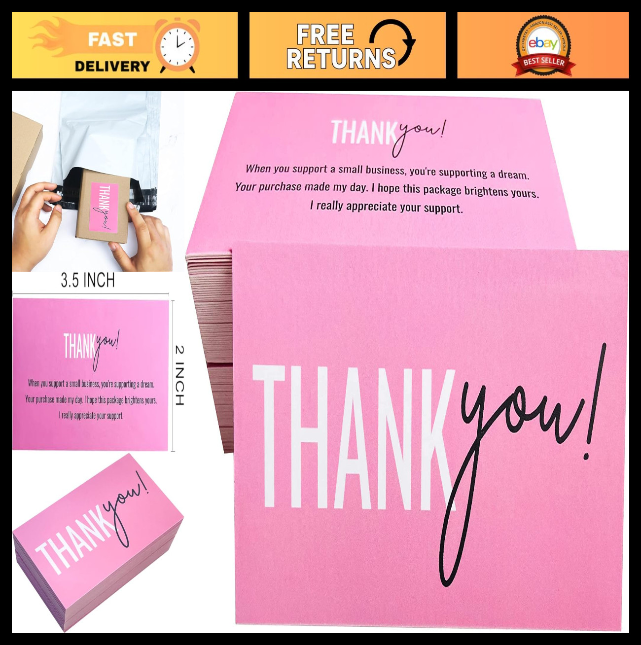 Thank You Support Cards – Handwritten Design, Small Business Cards, 2×3.5″, 450