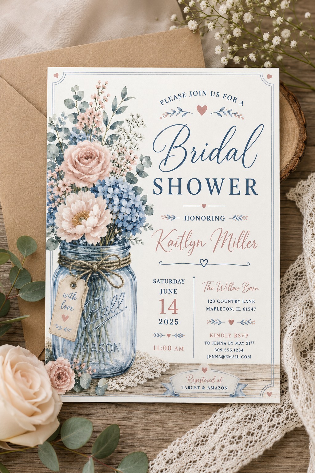 Printed Bridal Shower Invitations 25 w/ Envelopes | Rustic Mason Jar Floral